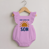 Here Comes the Son Romper Frock | Custom Baby Romper Frock for Your Little Sunbeam - BABY PINK - 0 - 3 Months Old (Chest 19")