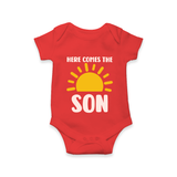 Here Comes the Son Romper | Custom Baby Romper for Your Little Sunbeam - RED - New Born (Chest 14")