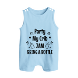 Party My Crib 2AM Bring a Bottle Romper Suit | Custom Baby Romper Suit for Midnight Celebrations - BABY BLUE - 0 - 5 Months Old (Chest 18")