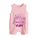 Newborn Rompersuit / Sleeveless Romper | Celebrate Raksha Bandhan with Happy Rakhi Print - BABY PINK - 0 - 5 Months Old (Chest 18")