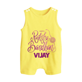 Newborn Rompersuit / Sleeveless Romper | Celebrate Raksha Bandhan with Happy Rakhi Print - PASTEL YELLOW - 0 - 5 Months Old (Chest 18")
