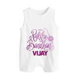 Newborn Rompersuit / Sleeveless Romper | Celebrate Raksha Bandhan with Happy Rakhi Print - WHITE - 0 - 5 Months Old (Chest 18")