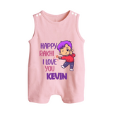 Soft Cotton Rompersuit / Sleeveless Romper | Happy Rakhi Design for Newborns - BABY PINK - 0 - 5 Months Old (Chest 18")