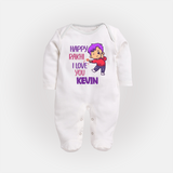 Soft Cotton SleepSuit/ Full Sleeve Bodysuit | Happy Rakhi Design for Newborns - WHITE - New Born (Chest 7.5")