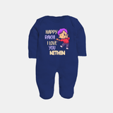 Soft Cotton SleepSuit/ Full Sleeve Bodysuit | Happy Rakhi Design for Newborns - NAVY BLUE - New Born (Chest 7.5")