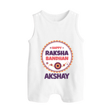 Rakhi Special Rompersuit / Sleeveless Romper | Happy Rakhi Design for Babies - WHITE - 0 - 5 Months Old (Chest 18")