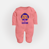 Happy Rakhi Outfit | Gentle SleepSuit/ Full Sleeve Bodysuit for Baby Celebrations - PEACH - New Born (Chest 7.5")