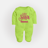 Little Sister Sleep suit/full sleeve body suit | Personalized Baby Sleep suit/full sleeve body suit for Your Little Princess - LIME GREEN - New Born (Chest 7.5")