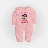 Double Trouble Sleep suit/full sleeve body suit | Custom Baby Sleep suit/full sleeve body suit for Sibling Fun - BABY PINK - New Born (Chest 7.5")