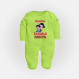 Double Trouble Sleep suit/full sleeve body suit | Custom Baby Sleep suit/full sleeve body suit for Sibling Fun - LIME GREEN - New Born (Chest 7.5")