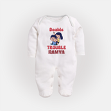 Double Trouble Sleep suit/full sleeve body suit | Custom Baby Sleep suit/full sleeve body suit for Sibling Fun - WHITE - New Born (Chest 7.5")