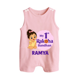 My First Raksha Bandhan Baby Girl Button Romper – girl sitting with Rakhi theme. - BABY PINK - New Born (Chest 18")