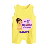 My First Raksha Bandhan Baby Girl Button Romper – girl sitting with Rakhi theme. - PASTEL YELLOW - New Born (Chest 18")