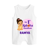 My First Raksha Bandhan Baby Girl Button Romper – girl sitting with Rakhi theme. - WHITE - New Born (Chest 18")