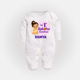 My First Raksha Bandhan Baby Girl Fullbody Suit – girl sitting with Rakhi theme. - WHITE - New Born (Chest 7.5")