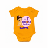My First Raksha Bandhan Baby Girl Romper – girl sitting with Rakhi theme. - CHROME YELLOW - New Born (Chest 14")