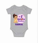 My First Raksha Bandhan Baby Girl Romper – girl sitting with Rakhi theme. - GREY - New Born (Chest 14")