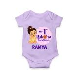 My First Raksha Bandhan Baby Girl Romper – girl sitting with Rakhi theme. - LILAC - New Born (Chest 14")