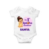 My First Raksha Bandhan Baby Girl Romper – girl sitting with Rakhi theme. - WHITE - New Born (Chest 14")