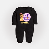 My First Raksha Bandhan Baby Girl Fullbody Suit – girl sitting with Rakhi theme. - BLACK - New Born (Chest 7.5")