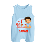 My First Raksha Bandhan Baby Boy Button Romper– boy sitting with Rakhi theme. - BABY BLUE - New Born (Chest 18")