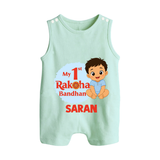 My First Raksha Bandhan Baby Boy Button Romper– boy sitting with Rakhi theme. - MINT GREEN - New Born (Chest 18")