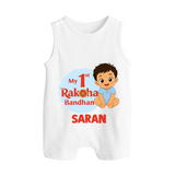 My First Raksha Bandhan Baby Boy Button Romper– boy sitting with Rakhi theme. - WHITE - New Born (Chest 18")