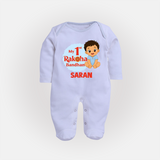 My First Raksha Bandhan Baby Boy Fullbody Suit– boy sitting with Rakhi theme. - BABY BLUE - New Born (Chest 7.5")