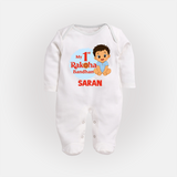 My First Raksha Bandhan Baby Boy Fullbody Suit– boy sitting with Rakhi theme. - WHITE - New Born (Chest 7.5")