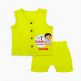My First Raksha Bandhan Baby Boy Jabla– boy sitting with Rakhi theme. - LIME GREEN - 0 - 3 Months Old (Chest 9.8")