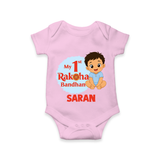 My First Raksha Bandhan Baby Boy Romper – boy sitting with Rakhi theme. - BABY PINK - New Born (Chest 14")