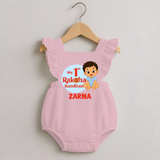 My First Raksha Bandhan Baby Boy Romper Frock– boy sitting with Rakhi theme. - BABY PINK - 0 - 3 Months Old (Chest 19")