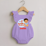 My First Raksha Bandhan Baby Boy Romper Frock– boy sitting with Rakhi theme. - LILAC - 0 - 3 Months Old (Chest 19")
