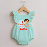 My First Raksha Bandhan Baby Boy Romper Frock– boy sitting with Rakhi theme. - MINT GREEN - 0 - 3 Months Old (Chest 19")