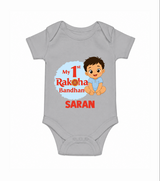 My First Raksha Bandhan Baby Boy Romper – boy sitting with Rakhi theme. - GREY - New Born (Chest 14")