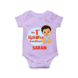 My First Raksha Bandhan Baby Boy Romper – boy sitting with Rakhi theme. - LILAC - New Born (Chest 14")