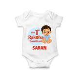 My First Raksha Bandhan Baby Boy Romper – boy sitting with Rakhi theme. - WHITE - New Born (Chest 14")