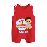 My First Raksha Bandhan Baby Boy Button Romper– boy sitting with Rakhi theme. - RED - New Born (Chest 18")