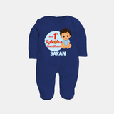 My First Raksha Bandhan Baby Boy Fullbody Suit– boy sitting with Rakhi theme. - NAVY BLUE - New Born (Chest 7.5")