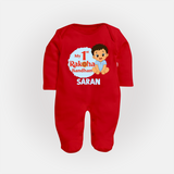 My First Raksha Bandhan Baby Boy Fullbody Suit– boy sitting with Rakhi theme. - RED - New Born (Chest 7.5")