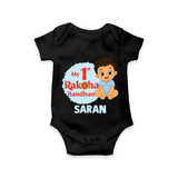 My First Raksha Bandhan Baby Boy Romper – boy sitting with Rakhi theme. - BLACK - New Born (Chest 14")