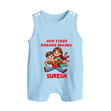 Our First Raksha Bandhan Sibling Button Romper – brother & sister holding Rakhi. - BABY BLUE - New Born (Chest 18")