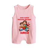 Our First Raksha Bandhan Sibling Button Romper – brother & sister holding Rakhi. - BABY PINK - New Born (Chest 18")
