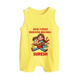 Our First Raksha Bandhan Sibling Button Romper – brother & sister holding Rakhi. - PASTEL YELLOW - New Born (Chest 18")