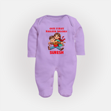 Our First Raksha Bandhan Sibling Fullbody Suit – brother & sister holding Rakhi. - LILAC - New Born (Chest 7.5")