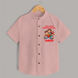 Our First Raksha Bandhan Sibling Shirt – brother & sister holding Rakhi. - PEACH - 0 - 6 Months Old (Chest 23")