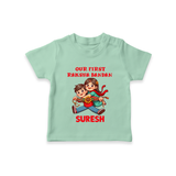Our First Raksha Bandhan Sibling TShirt – brother & sister holding Rakhi. - MINT GREEN - 0-5 Months Old (Chest 17")