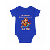 Our First Raksha Bandhan Sibling Romper – brother & sister holding Rakhi. - COBALT BLUE - New Born (Chest 14")