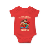 Our First Raksha Bandhan Sibling Romper – brother & sister holding Rakhi. - RED - New Born (Chest 14")