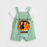 Our First BhaiDooj Together Dungaree – happy siblings hugging. - MINT GREEN - 0 - 5 Months Old (Chest 18")